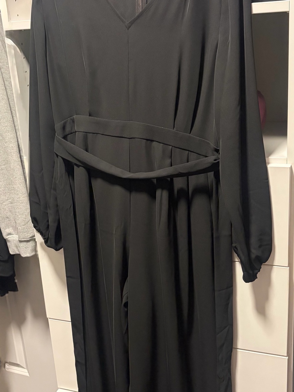 LOFT Black V-neck Long Sleeve Jumpsuit with tie belt